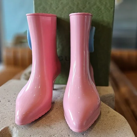 New Authentic Gucci Interlocking GG Logo Rubber Boots Pink Size 35 - Picture 6 of 8